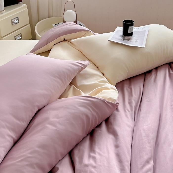 91家纺网 家纺一手货源 找家纺 耀悦家纺 2025春夏新款A类拼色60支全棉纯棉四件套-第三波 优雅紫+暖阳黄