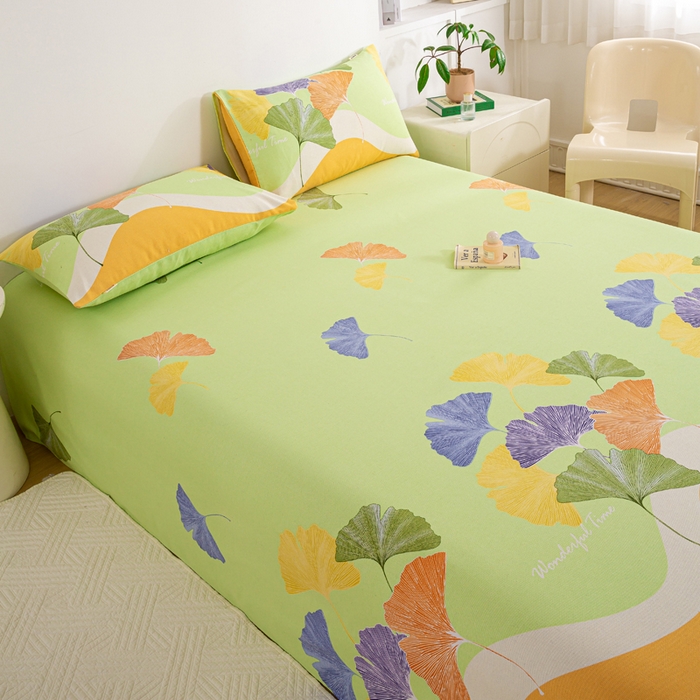 91家纺网 家纺一手货源 找家纺 红日子纺织品 2025新款直播热卖原棉老粗布印花床单三件套 银杏