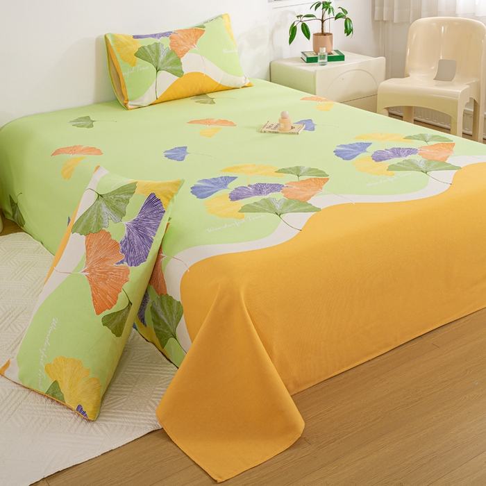 91家纺网 家纺一手货源 找家纺 红日子纺织品 2025新款直播热卖原棉老粗布印花床单三件套 银杏