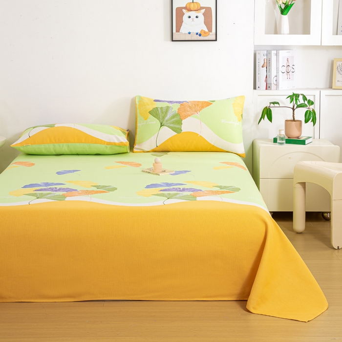 91家纺网 家纺一手货源 找家纺 红日子纺织品 2025新款直播热卖原棉老粗布印花床单三件套 银杏