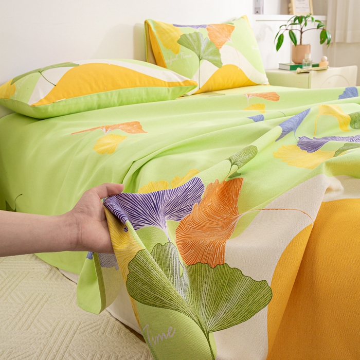 91家纺网 家纺一手货源 找家纺 红日子纺织品 2025新款直播热卖原棉老粗布印花床单三件套 银杏