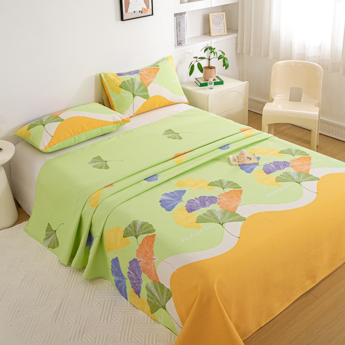 91家纺网 家纺一手货源 找家纺 红日子纺织品 2025新款直播热卖原棉老粗布印花床单三件套 银杏