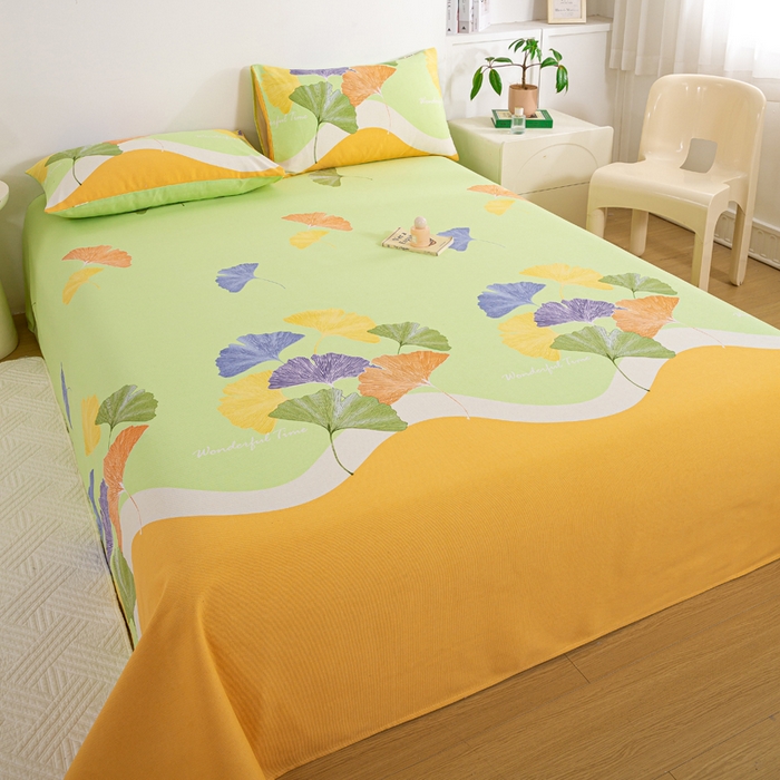 91家纺网 家纺一手货源 找家纺 红日子纺织品 2025新款直播热卖原棉老粗布印花床单三件套 银杏