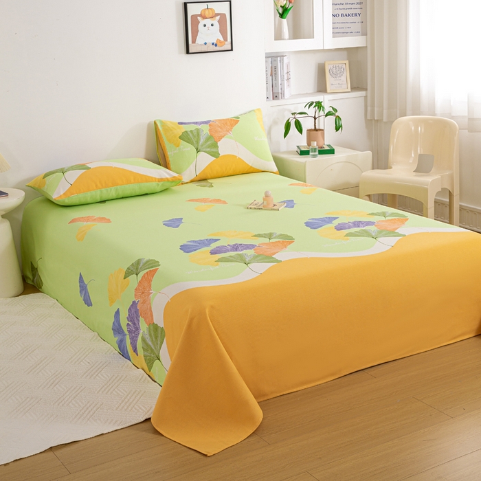 91家纺网 家纺一手货源 找家纺 红日子纺织品 2025新款直播热卖原棉老粗布印花床单三件套 银杏