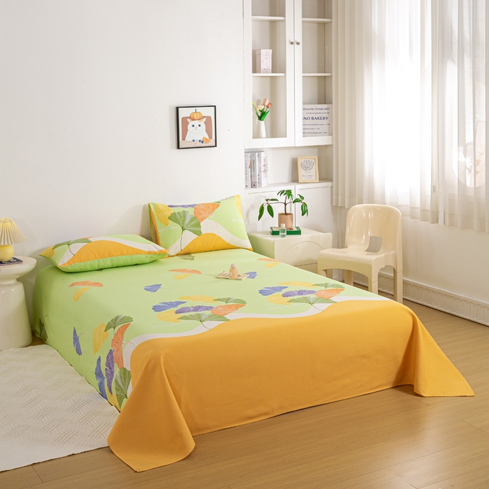 91家纺网 家纺一手货源 找家纺 红日子纺织品 2025新款直播热卖原棉老粗布印花床单三件套 银杏