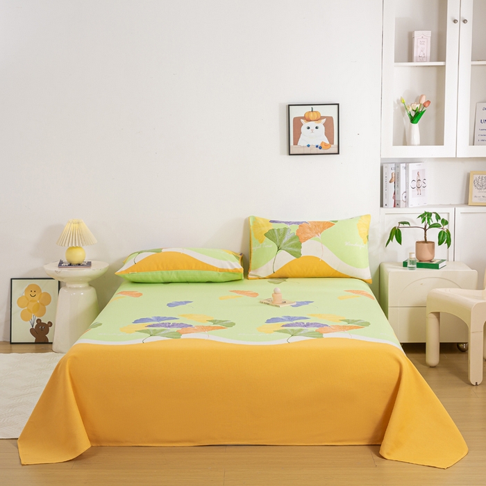 91家纺网 家纺一手货源 找家纺 红日子纺织品 2025新款直播热卖原棉老粗布印花床单三件套 银杏