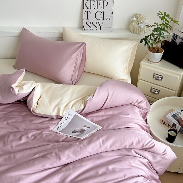 91家纺网 家纺一手货源 找家纺 耀悦家纺 2025春夏新款A类拼色60支全棉纯棉四件套-第三波 优雅紫+暖阳黄