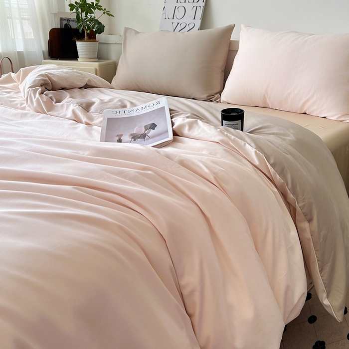 91家纺网 家纺一手货源 找家纺 耀悦家纺 2025春夏新款A类拼色60支全棉纯棉四件套-第三波 灵动白桃+复古咖