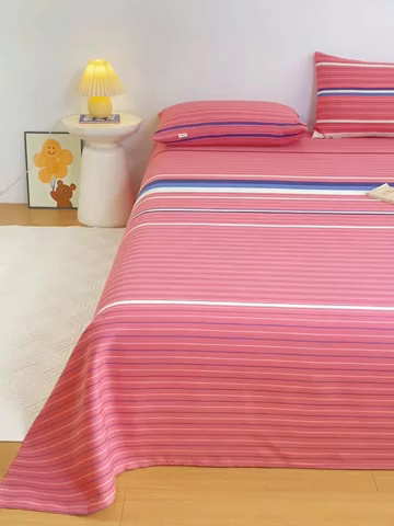 91家纺网 家纺一手货源 找家纺 红日子纺织品 2025新款直播热卖原棉老粗布印花床单三件套 条纹控