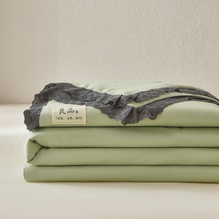 金艾草 2025新款纯棉纱布棉花单夏被夏凉被空调被 草绿（花边款）