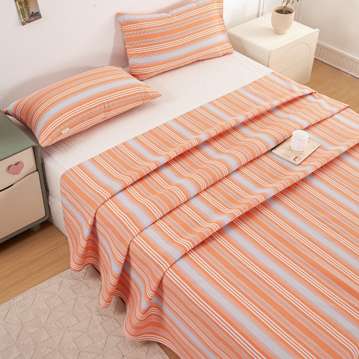 91家纺网 家纺一手货源 找家纺 红日子纺织品 2025新款直播热卖原棉老粗布印花床单三件套 条纹控-粉