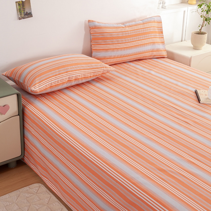 91家纺网 家纺一手货源 找家纺 红日子纺织品 2025新款直播热卖原棉老粗布印花床单三件套 条纹控-粉