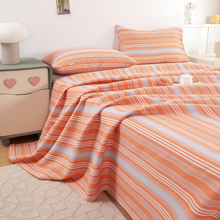 91家纺网 家纺一手货源 找家纺 红日子纺织品 2025新款直播热卖原棉老粗布印花床单三件套 条纹控-粉