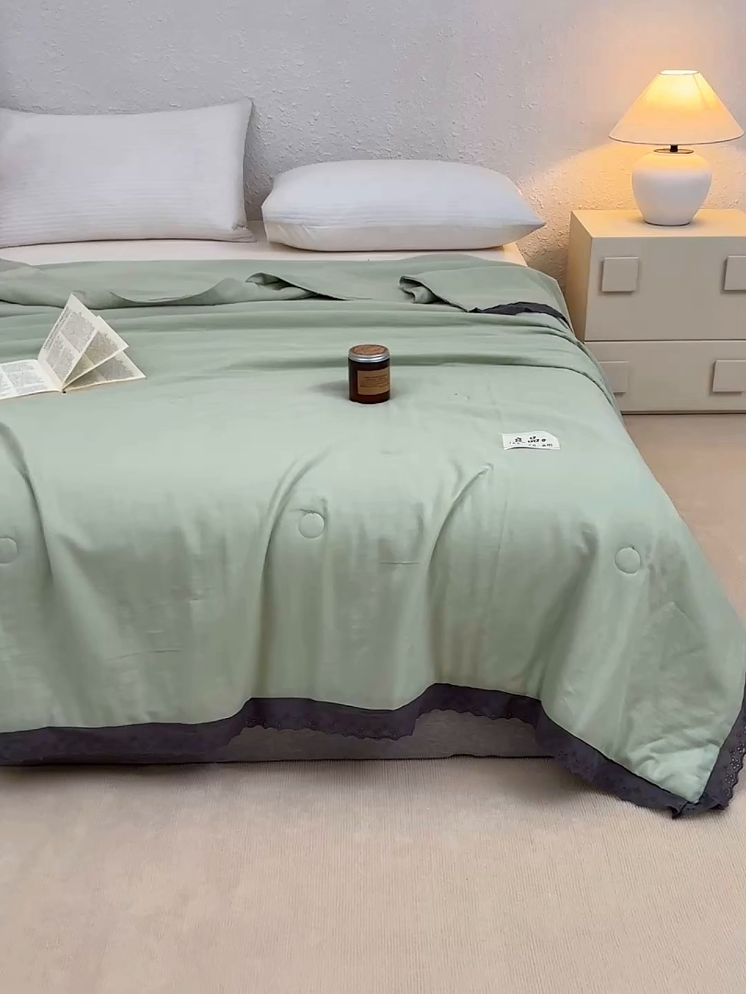 91家纺网 家纺一手货源 找家纺 金艾草 2025新款纯棉纱布棉花单夏被夏凉被空调被 草绿（花边款）