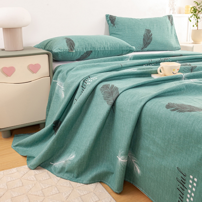 91家纺网 家纺一手货源 找家纺 红日子纺织品 2025新款直播热卖原棉老粗布印花床单三件套 叶影