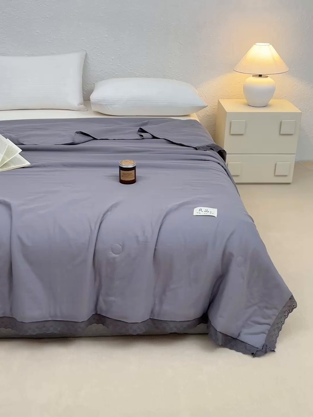 91家纺网 家纺一手货源 找家纺 金艾草 2025新款纯棉纱布棉花单夏被夏凉被空调被 灰色（花边款）