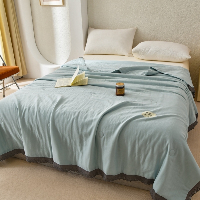 91家纺网 家纺一手货源 找家纺 金艾草 2025新款纯棉纱布棉花单夏被夏凉被空调被 蔚蓝（花边款）