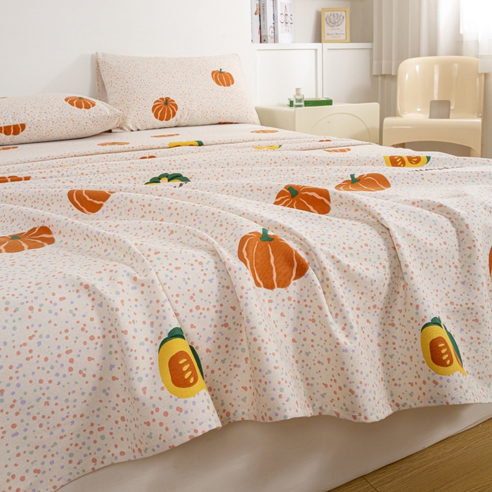 91家纺网 家纺一手货源 找家纺 红日子纺织品 2025新款直播热卖原棉老粗布印花床单三件套 柿柿如意