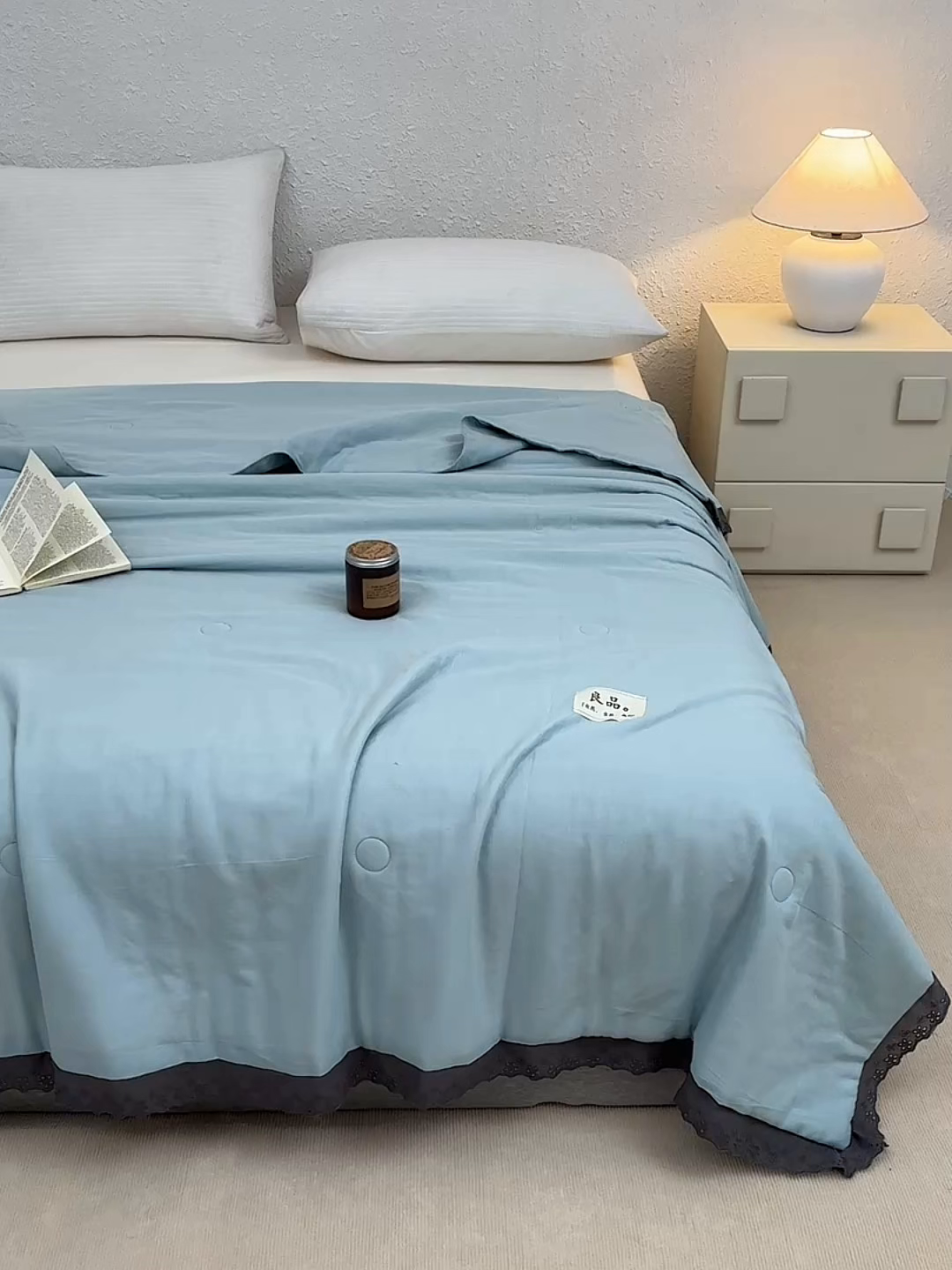 91家纺网 家纺一手货源 找家纺 金艾草 2025新款纯棉纱布棉花单夏被夏凉被空调被 蔚蓝（花边款）