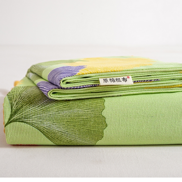 91家纺网 家纺一手货源 找家纺 红日子纺织品 2025新款直播热卖原棉老粗布印花床单三件套 银杏