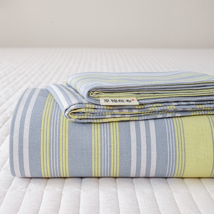 91家纺网 家纺一手货源 找家纺 红日子纺织品 2025新款直播热卖原棉老粗布印花床单三件套 条纹控-绿