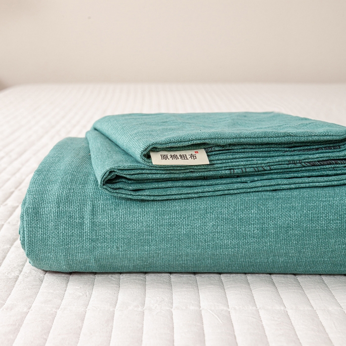 红日子纺织品 2025新款直播热卖原棉老粗布印花床单三件套 叶影