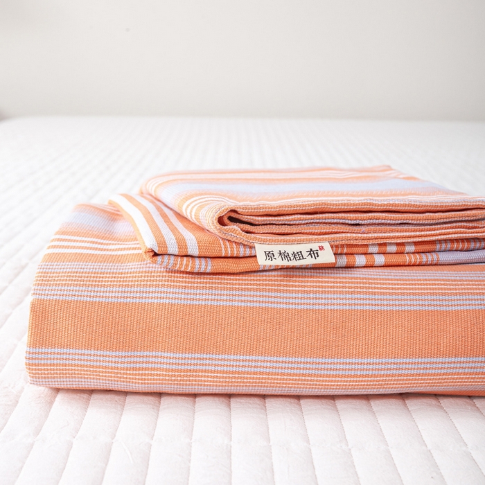 红日子纺织品 2025新款直播热卖原棉老粗布印花床单三件套 条纹控-粉