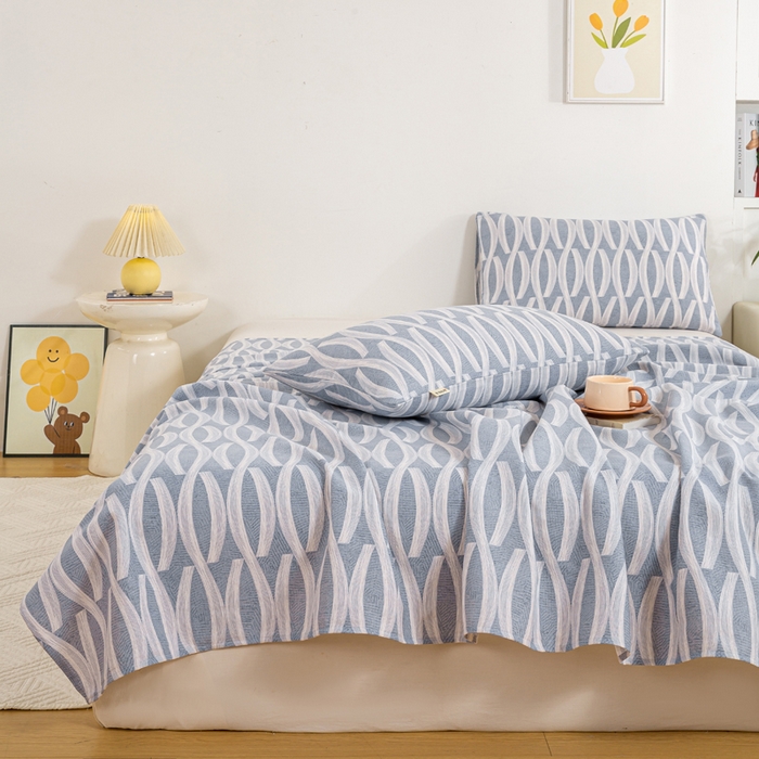 91家纺网 家纺一手货源 找家纺 红日子纺织品 2025新款直播热卖原棉老粗布印花床单三件套 缪斯-蓝