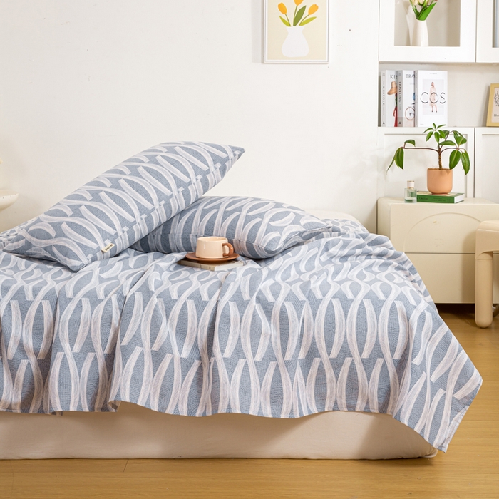 91家纺网 家纺一手货源 找家纺 红日子纺织品 2025新款直播热卖原棉老粗布印花床单三件套 缪斯-蓝