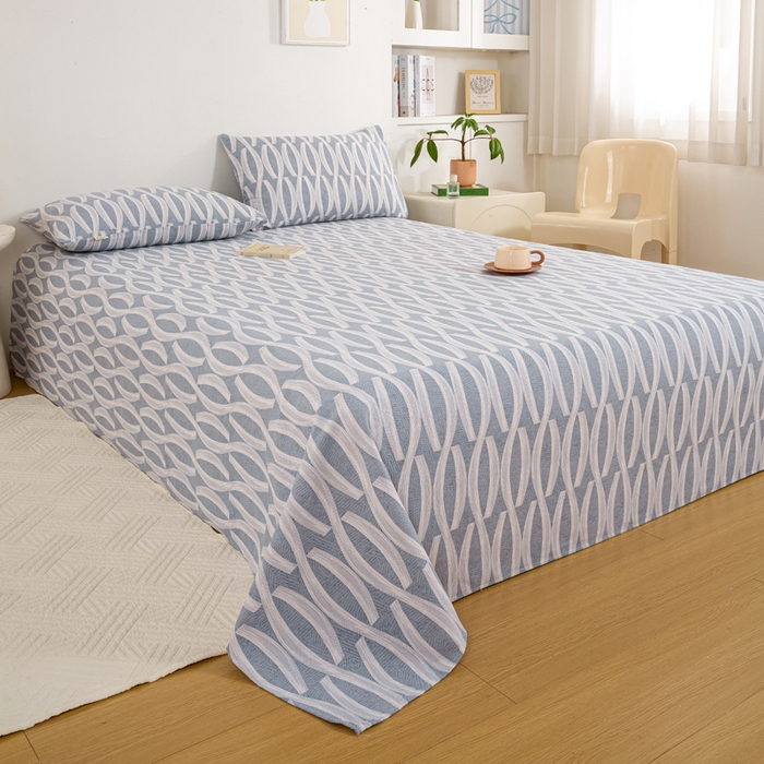 91家纺网 家纺一手货源 找家纺 红日子纺织品 2025新款直播热卖原棉老粗布印花床单三件套 缪斯-蓝