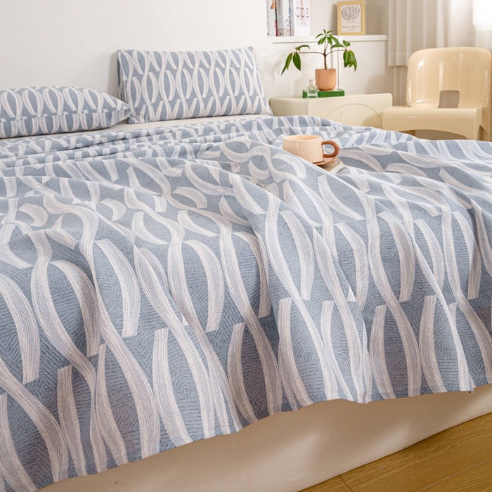 91家纺网 家纺一手货源 找家纺 红日子纺织品 2025新款直播热卖原棉老粗布印花床单三件套 缪斯-蓝