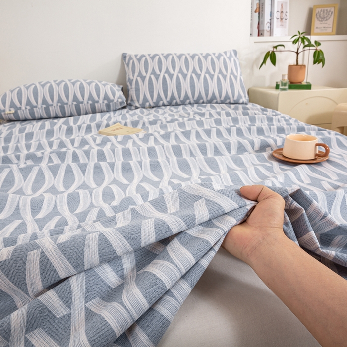 91家纺网 家纺一手货源 找家纺 红日子纺织品 2025新款直播热卖原棉老粗布印花床单三件套 缪斯-蓝