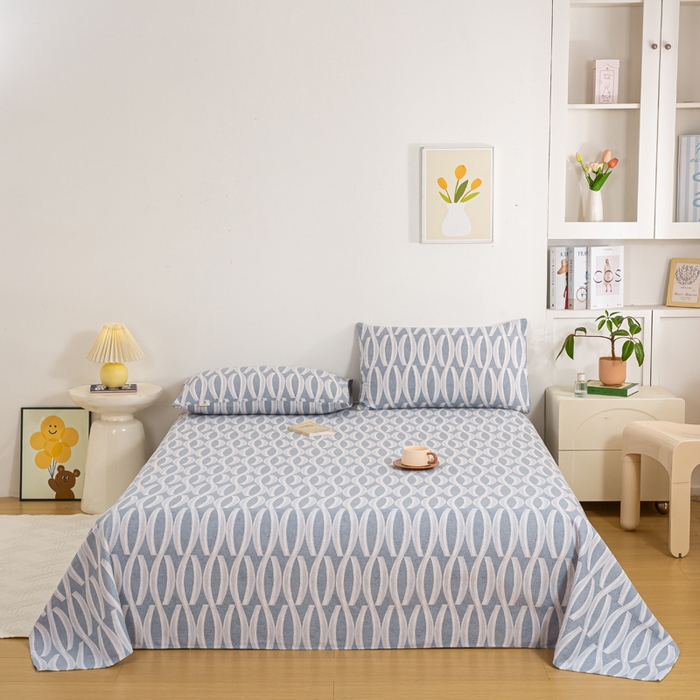 91家纺网 家纺一手货源 找家纺 红日子纺织品 2025新款直播热卖原棉老粗布印花床单三件套 缪斯-蓝