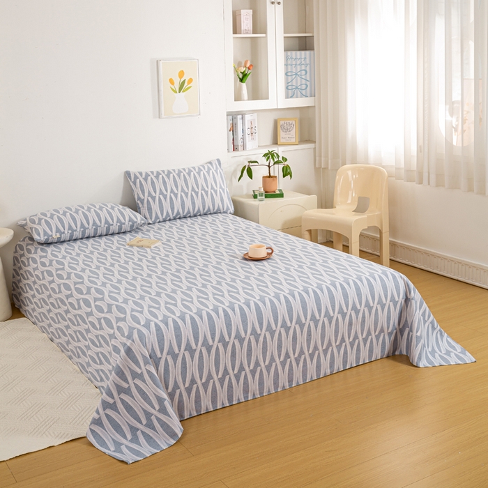 91家纺网 家纺一手货源 找家纺 红日子纺织品 2025新款直播热卖原棉老粗布印花床单三件套 缪斯-蓝