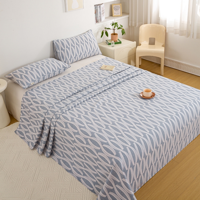 91家纺网 家纺一手货源 找家纺 红日子纺织品 2025新款直播热卖原棉老粗布印花床单三件套 缪斯-蓝