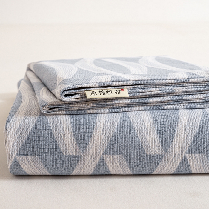 91家纺网 家纺一手货源 找家纺 红日子纺织品 2025新款直播热卖原棉老粗布印花床单三件套 缪斯-蓝