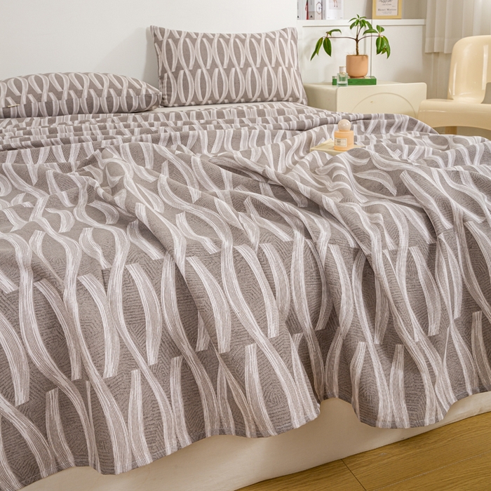 91家纺网 家纺一手货源 找家纺 红日子纺织品 2025新款直播热卖原棉老粗布印花床单三件套 缪斯-灰