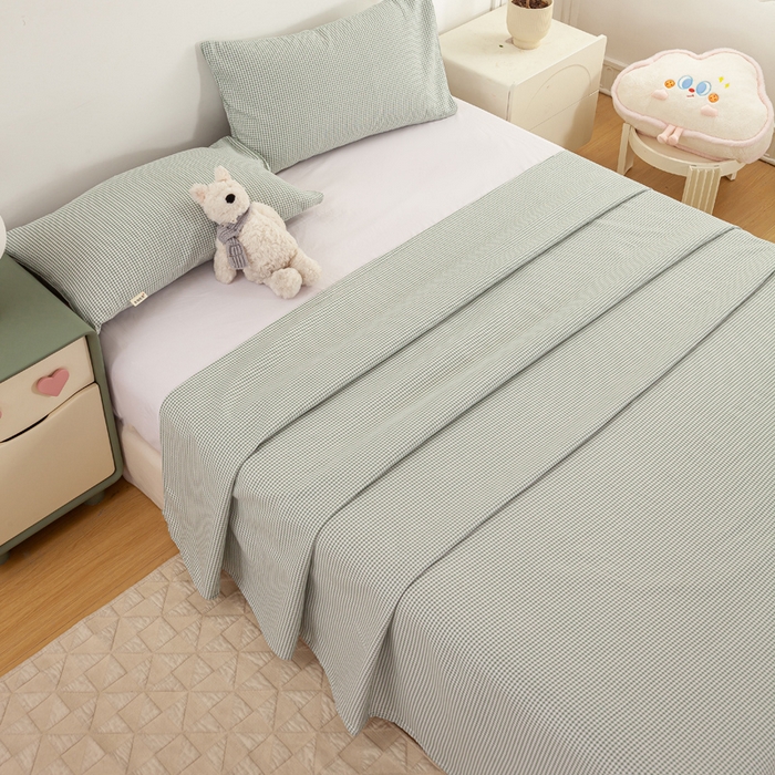 91家纺网 家纺一手货源 找家纺 红日子纺织品 2025新款直播热卖原棉老粗布印花床单三件套 绿格