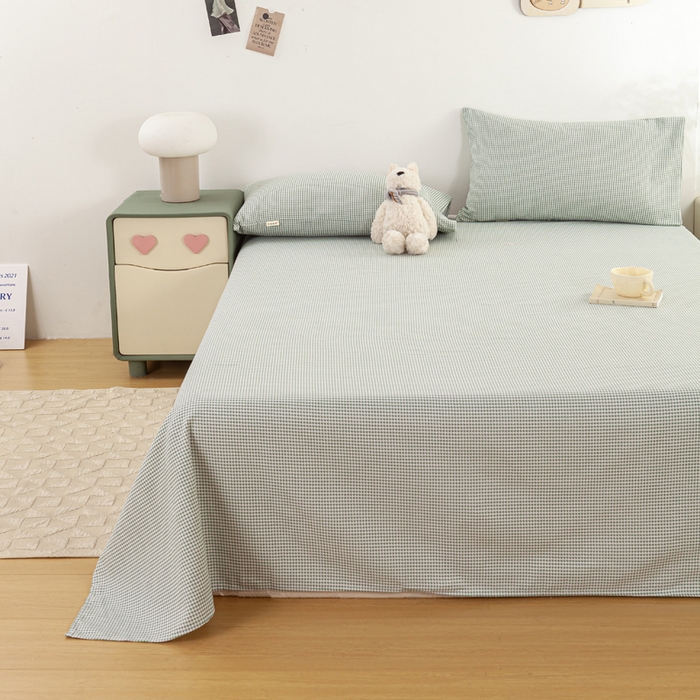 91家纺网 家纺一手货源 找家纺 红日子纺织品 2025新款直播热卖原棉老粗布印花床单三件套 绿格