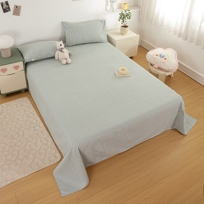 91家纺网 家纺一手货源 找家纺 红日子纺织品 2025新款直播热卖原棉老粗布印花床单三件套 绿格