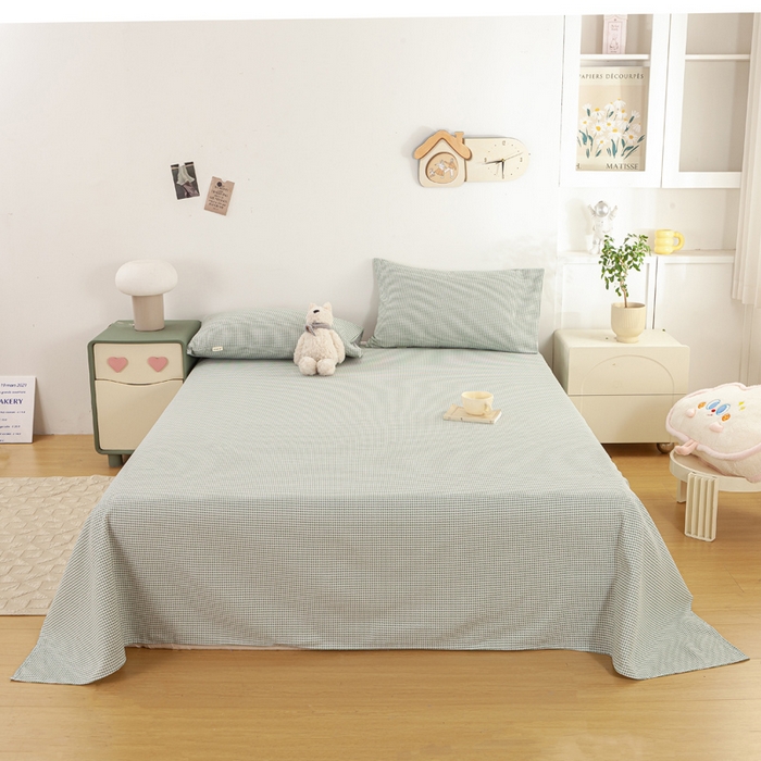 91家纺网 家纺一手货源 找家纺 红日子纺织品 2025新款直播热卖原棉老粗布印花床单三件套 绿格