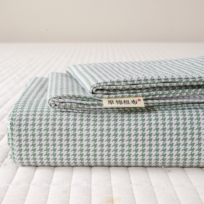 红日子纺织品 2025新款直播热卖原棉老粗布印花床单三件套 绿格