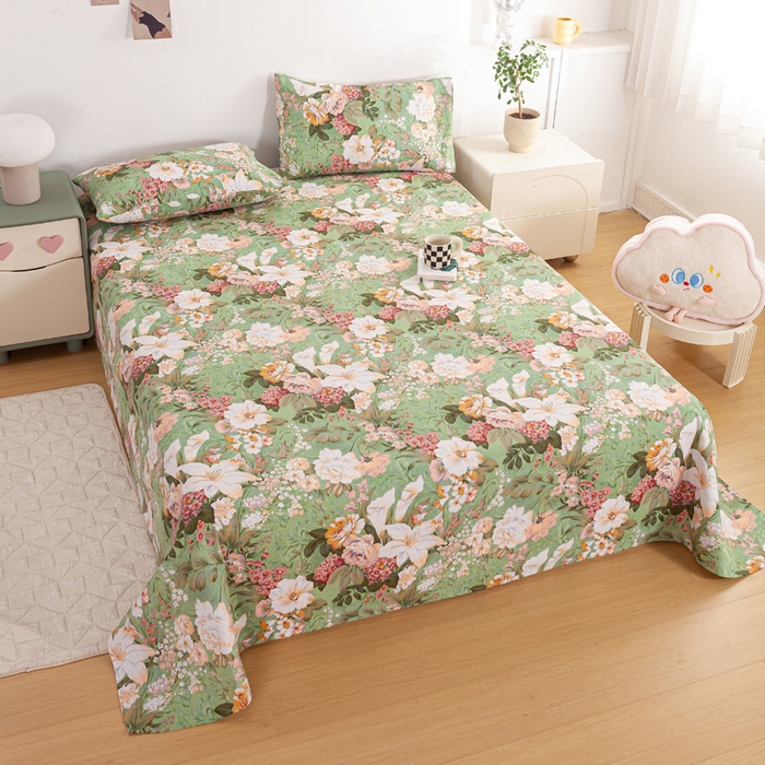 91家纺网 家纺一手货源 找家纺 红日子纺织品 2025新款直播热卖原棉老粗布印花床单三件套 花团锦簇