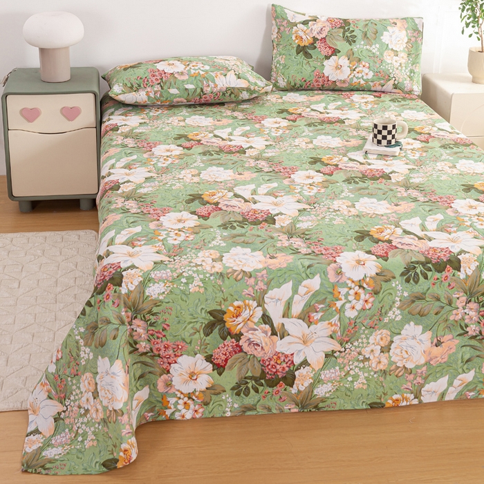 91家纺网 家纺一手货源 找家纺 红日子纺织品 2025新款直播热卖原棉老粗布印花床单三件套 花团锦簇