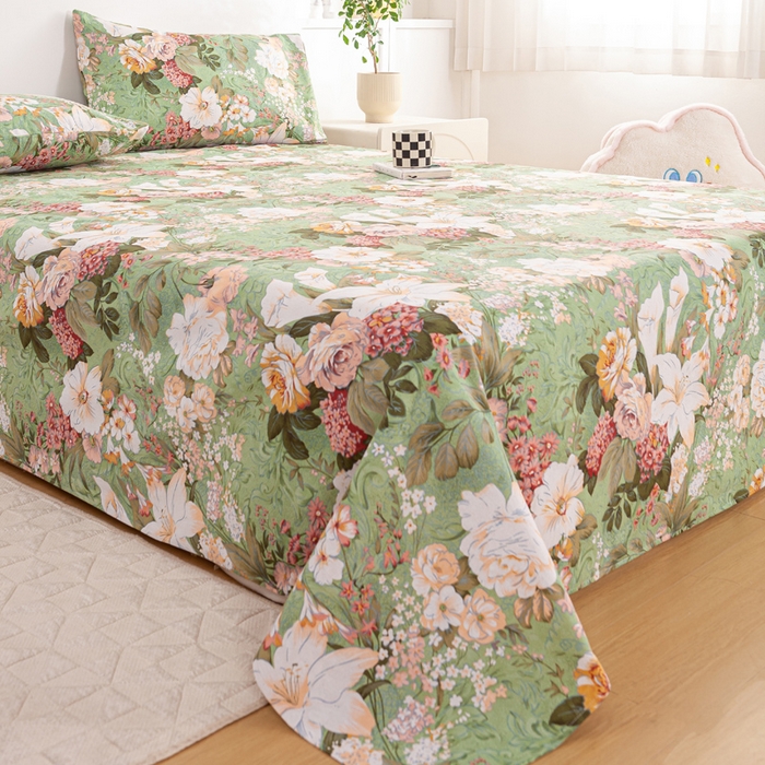 91家纺网 家纺一手货源 找家纺 红日子纺织品 2025新款直播热卖原棉老粗布印花床单三件套 花团锦簇