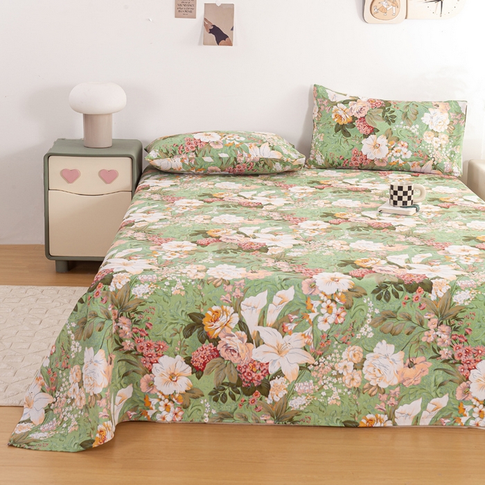 91家纺网 家纺一手货源 找家纺 红日子纺织品 2025新款直播热卖原棉老粗布印花床单三件套 花团锦簇