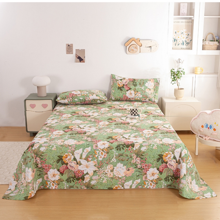 91家纺网 家纺一手货源 找家纺 红日子纺织品 2025新款直播热卖原棉老粗布印花床单三件套 花团锦簇