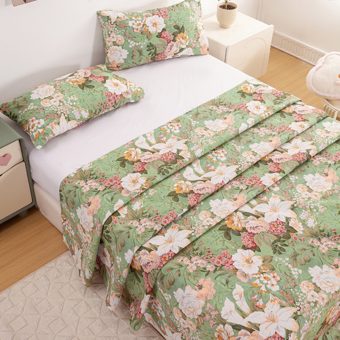 91家纺网 家纺一手货源 找家纺 红日子纺织品 2025新款直播热卖原棉老粗布印花床单三件套 花团锦簇