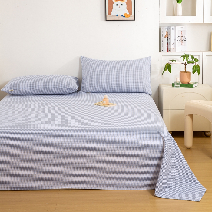 91家纺网 家纺一手货源 找家纺 红日子纺织品 2025新款直播热卖原棉老粗布印花床单三件套 蓝格