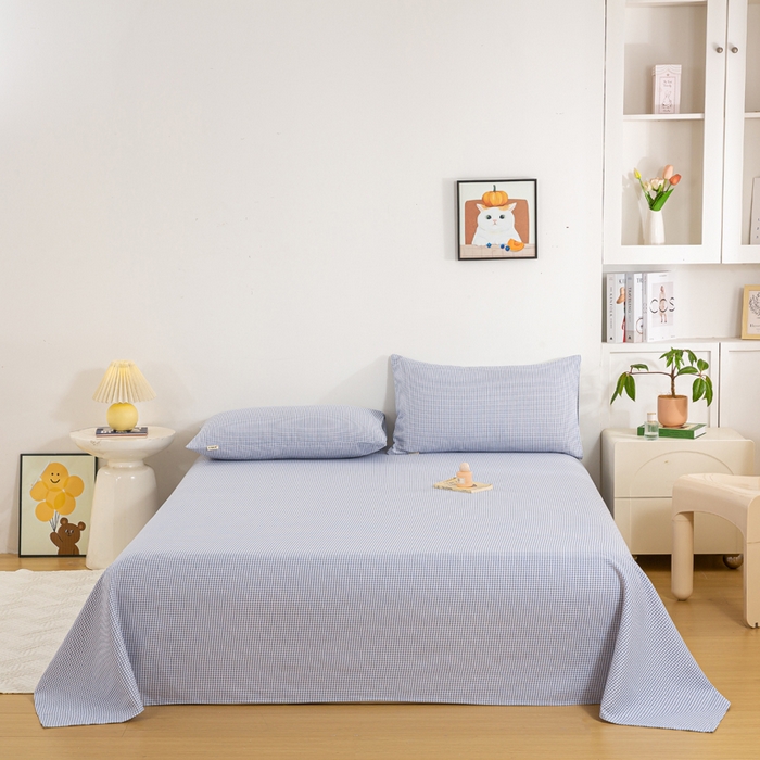 91家纺网 家纺一手货源 找家纺 红日子纺织品 2025新款直播热卖原棉老粗布印花床单三件套 蓝格